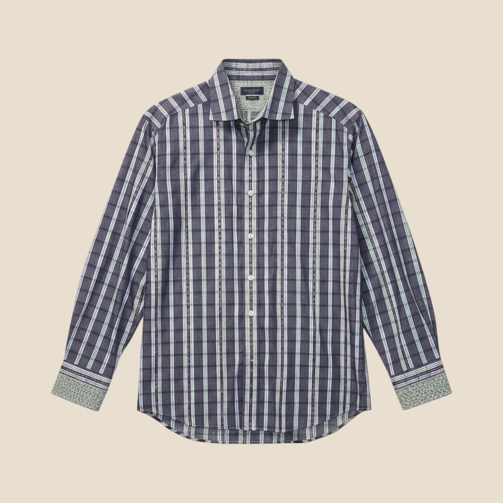 ROBERT GRAHAM Purple Magenta Pink Gold White Blue Stripes Men Dress Shirt Sz L